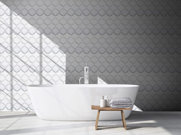 Modern grey bathroom with bathtub. 3d rendering