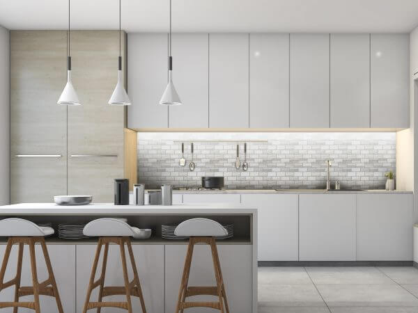 3d rendering white modern design kitchen with lamp