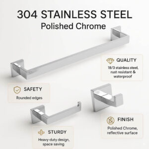 Bathroom Accessories Set 3 Pcs - Heavy Duty Wall Mounted Black Towel Rack, Toilet Paper Holder, Paper Towel Holder, Bath Hardware Set - Porte Serviette De Salle De Bain (Chrome)