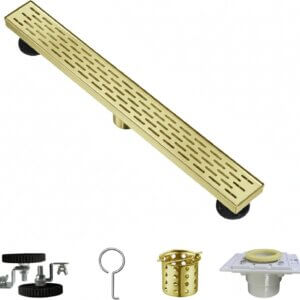 24 Inch Linear Shower Drain, Floor Drain Channel for Bathroom, 304SUS Stainless Steel, Fast Drainage, cUPC Certified, Adjustable Leveling Legs, Hair Strainer, Hook (Gold)